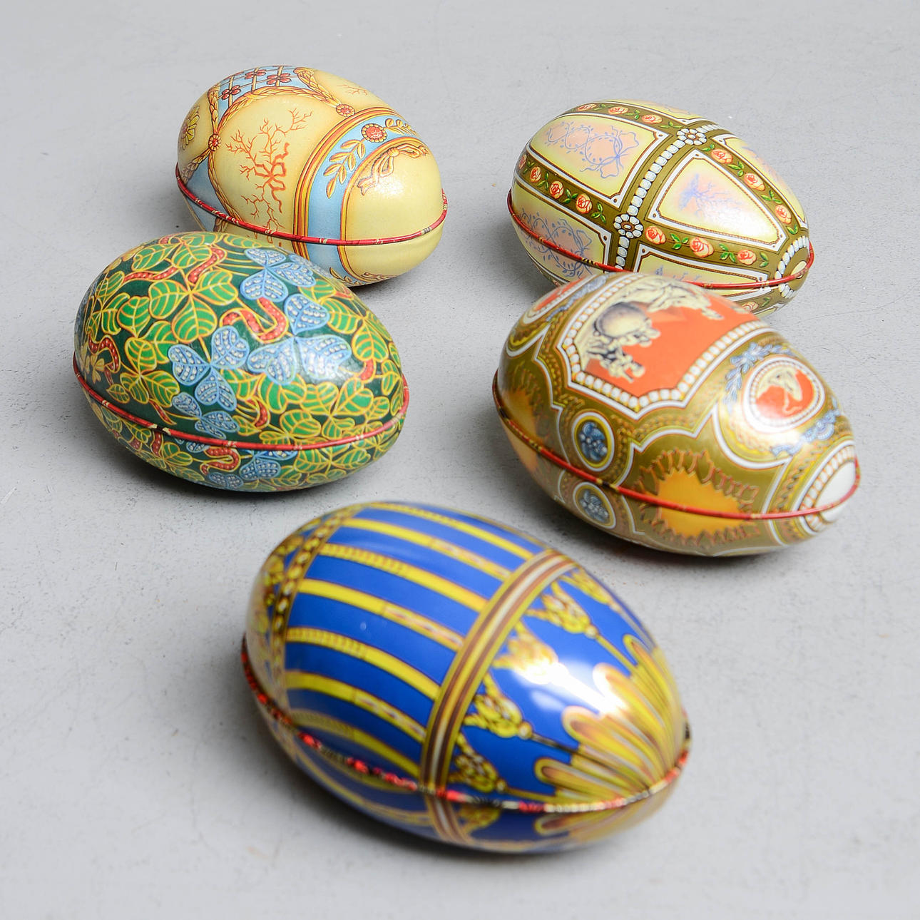 EASTER EGGS, 5 pcs, metal, inter alia England.