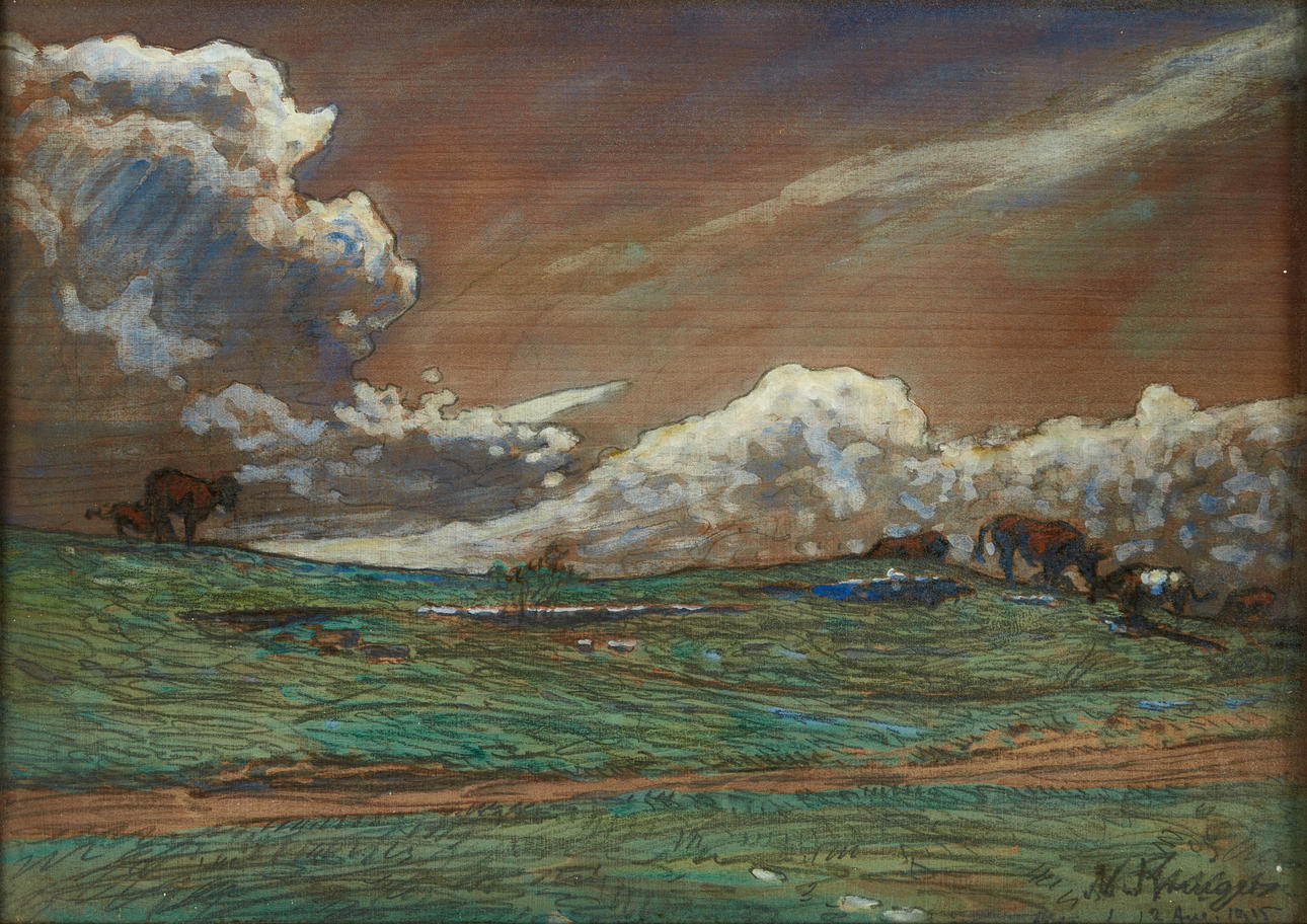 NILS KREUGER (Sweden, 1858-1930), Landscape with grazing cattle, signed and dated 1915, mixed media on panel.