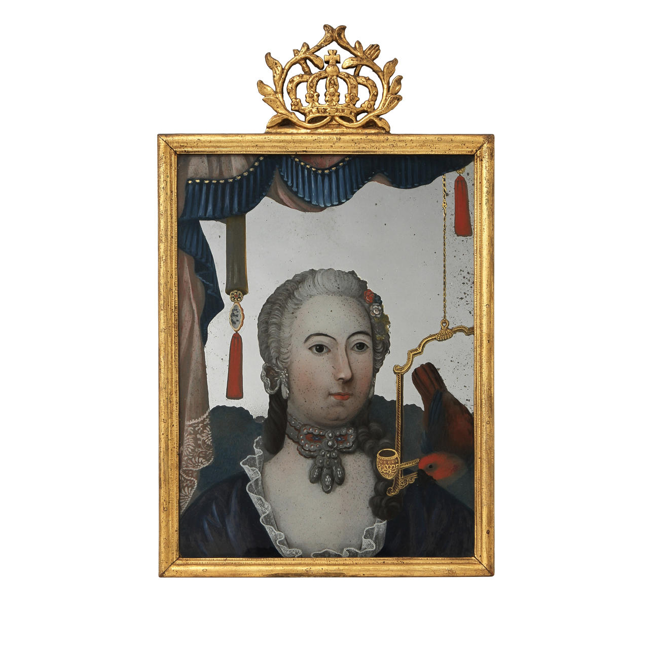 SPEGELMÅLNING föreställande Lovisa Ulrika med papegoja, Kina 1700-talets senare hälft.