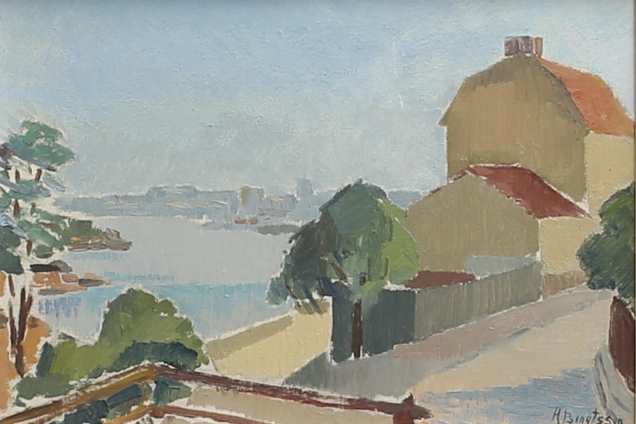 HILMER BENGTSSON. "Söderkåkar, Stockholm", olja på duk, signerad H Bengtsson.