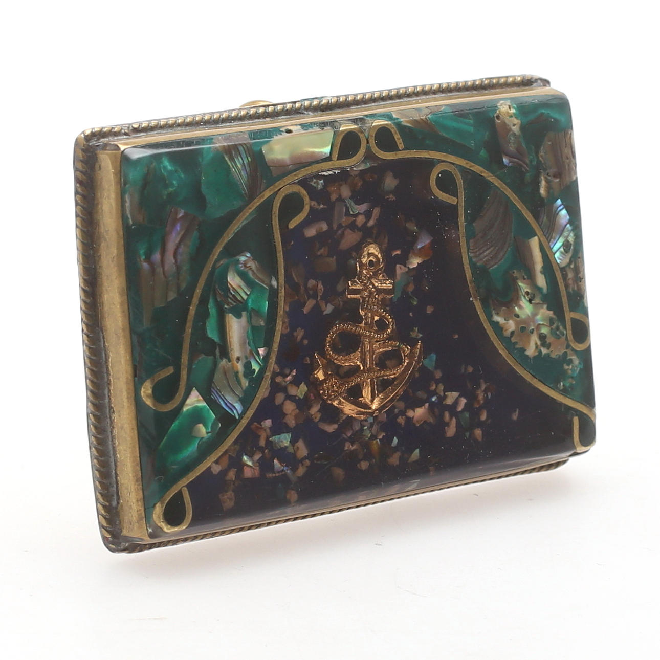 BÄLTSPÄNNE, sjömansarbete, mässing samt plast, 1900-tal.