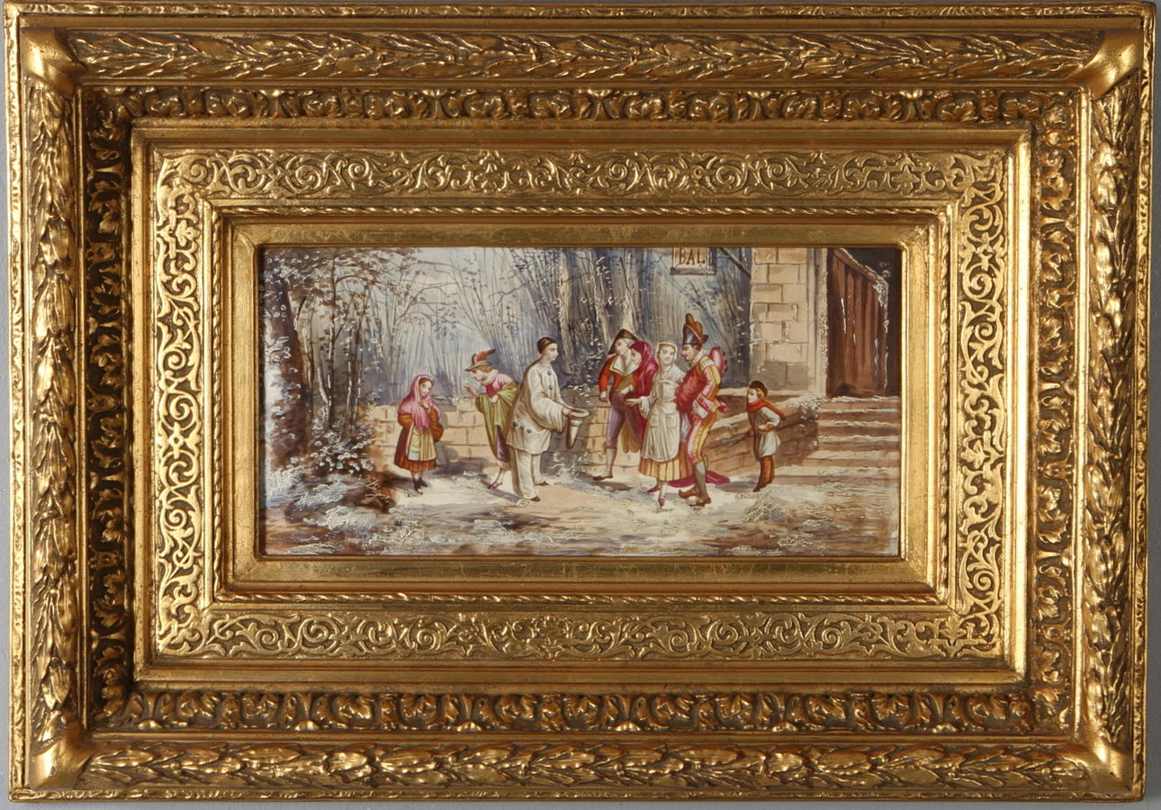 PORSLINSMÅLNING, Figurscen, signerad Bigot.