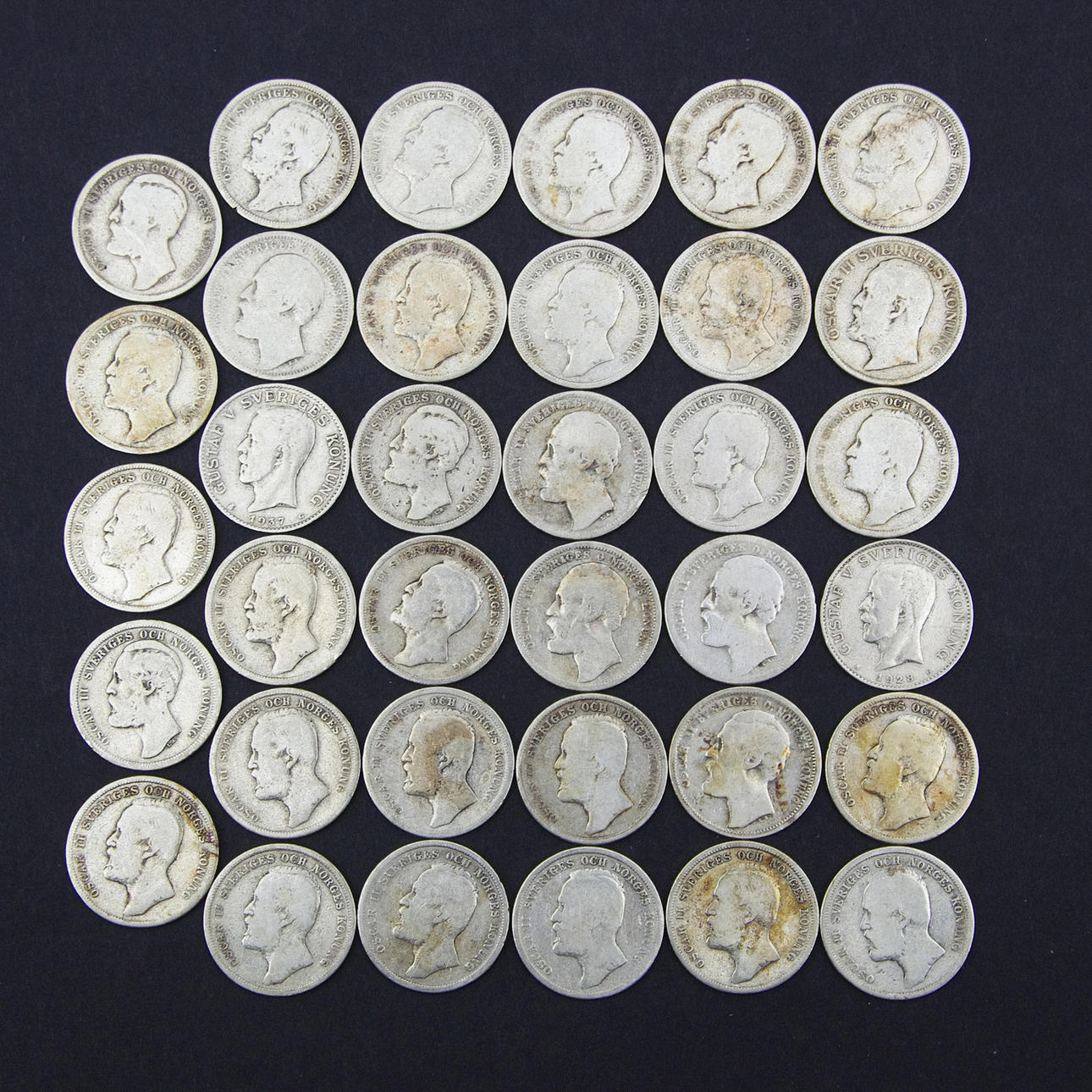 MYNT, 1-kronor, mestadels Oscar II.