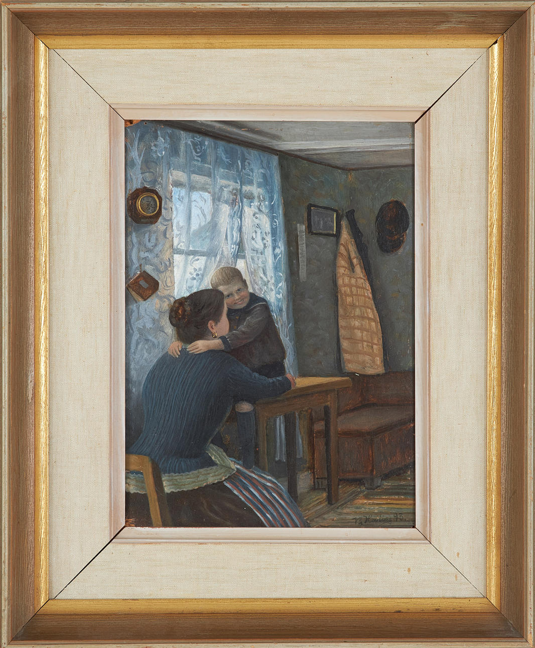 OIDENTIFIERAD KONSTNÄR. Interior with mother and son, oil on panel, signed and dated -93.