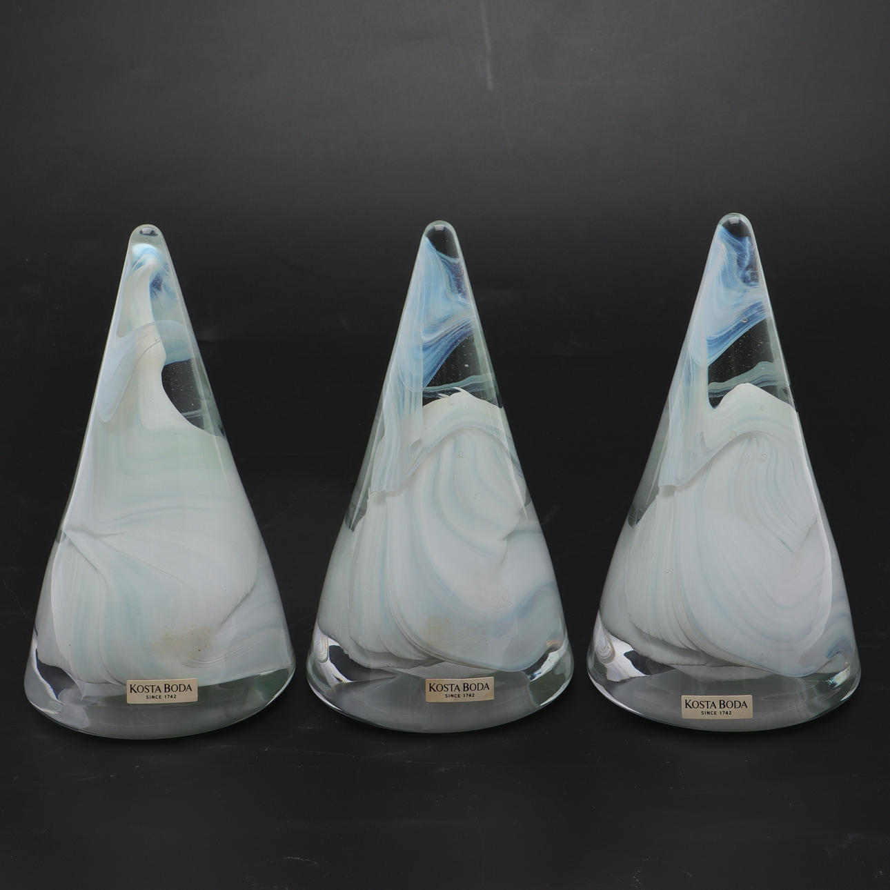 ANNA EHRNER. Christmas trees, 3 glass, “Noel”, Kosta Boda. Glass