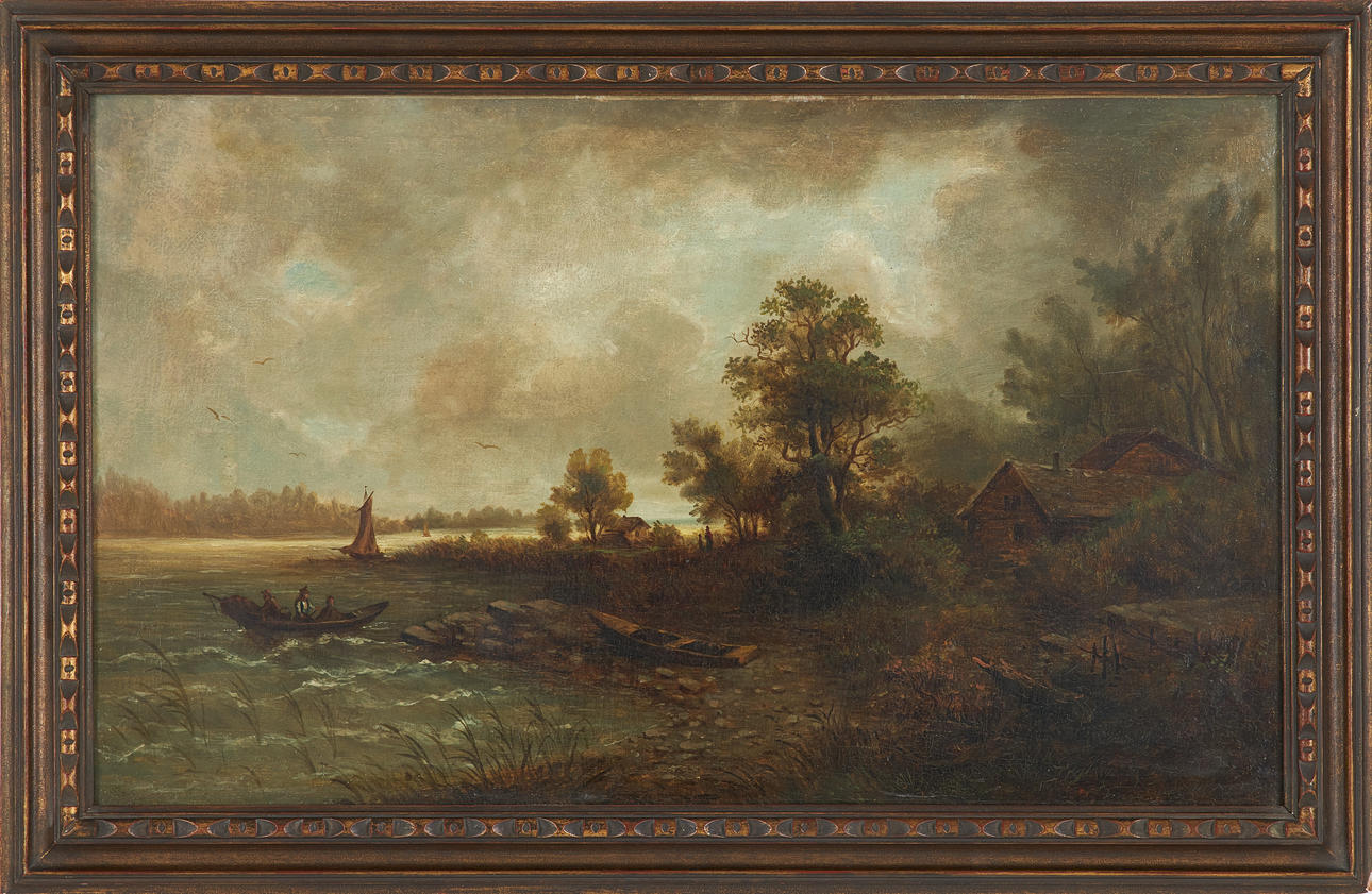 OIDENTIFIERAD KONSTNÄR. Seascape with boats and figures, 19th century, unsigned, inscription on verso Anton Maurer, Vienna, Klostergasen.