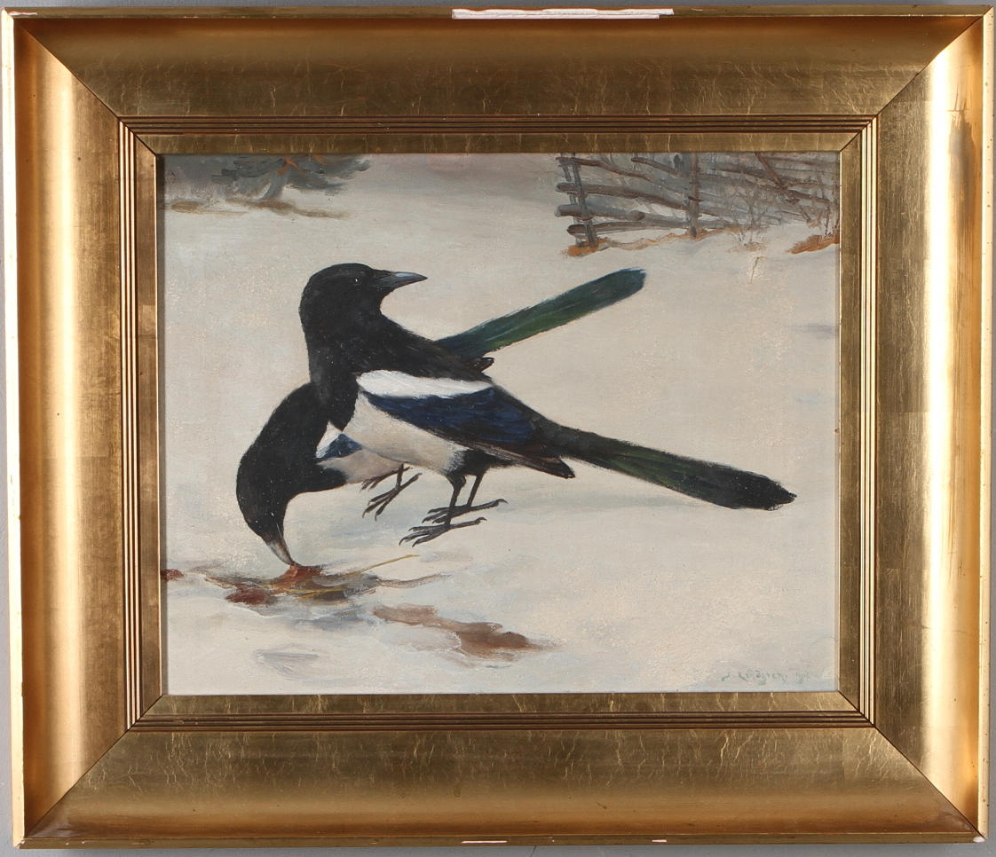 OIDENTIFIERAD KONSTNÄR. Skator, olja på duk, signerad Lindgren samt daterad 1916.