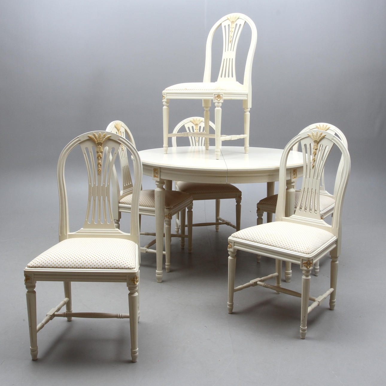 MATSALSGRUPP, 7 delar, gustaviansk stil, bord brännmärkt SOL (Solgården), 1900/2000-tal.