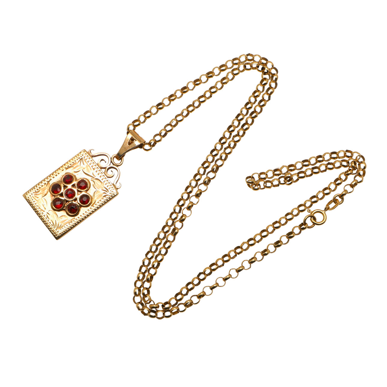 A 9CT GOLD AND GARNET PENDANT AND CHAIN.