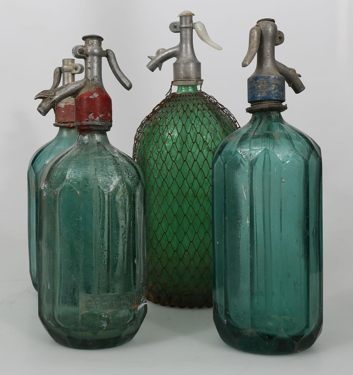 SIFONER, glas och aluminium, 4 stycken, 1900-talets första kvartal.