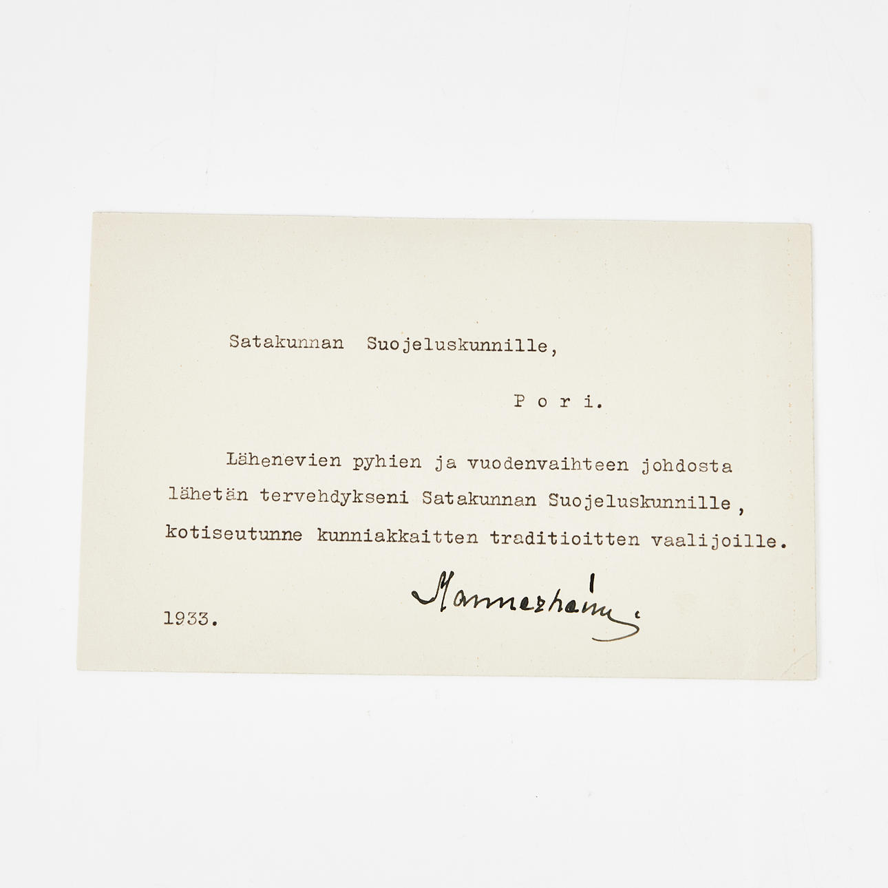 PRESIDENT MANNERHEIM, 1 self-signed printed card, dated 1933.