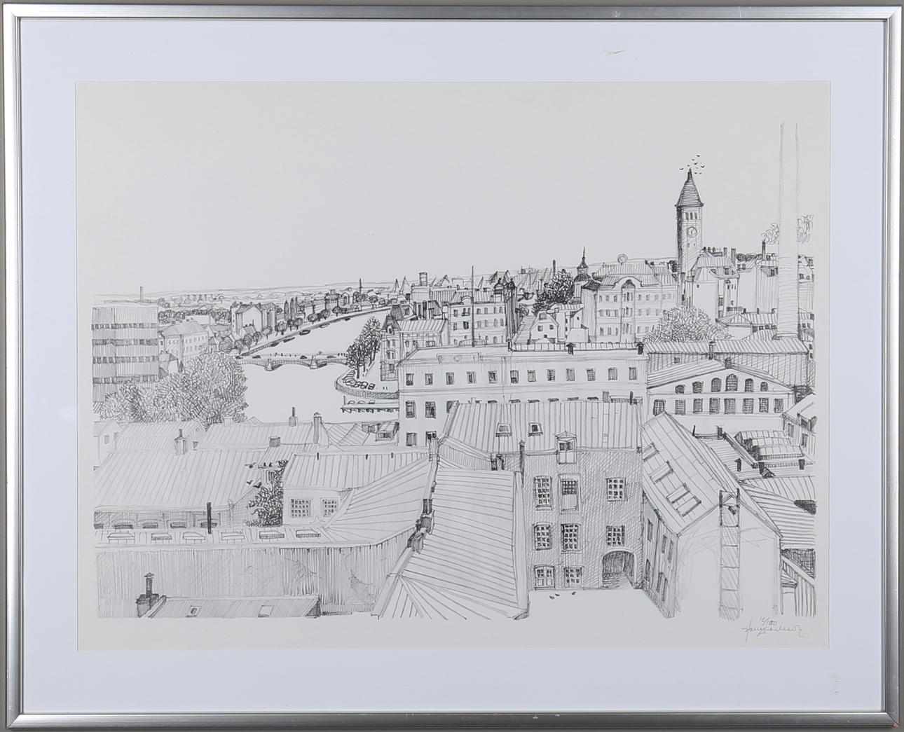 HARRY CARLSSON. Vy över Norrköping, litografi, signerad samt numrerad16/150.