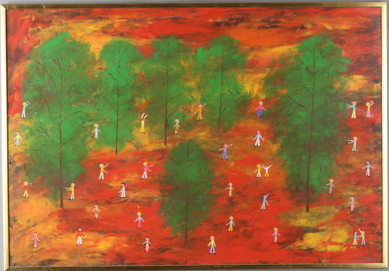 GUNNAR GREIBER. Landskap med människor, gouache, signerad.