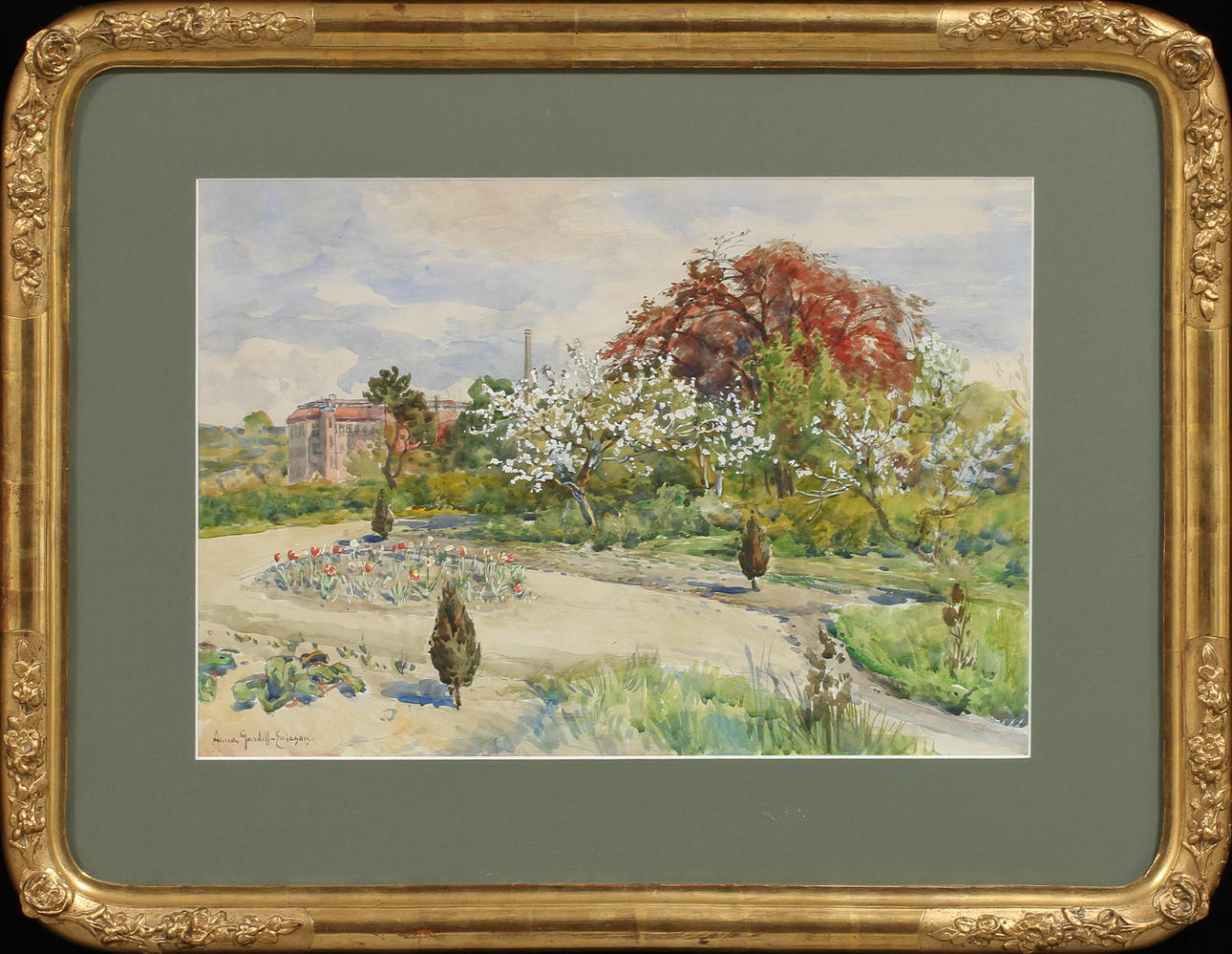 ANNA GARDELL ERICSON. "Kanolds fabriker från Lisebergs gamla trädgård", akvarell, signerad.