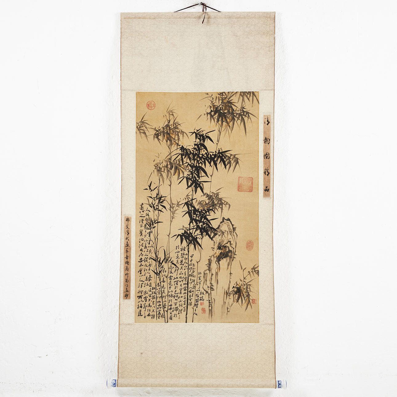 SCROLL, ink on paper, China, contemporary, motif of bamboo, calligraphy, seal.