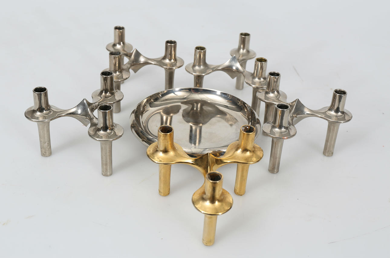 LJUSSTAKAR OCH SKÅL, förkromat stål och förgyllt stål, 6 delar, Ceasar Stoffi, Nagel, BMF, Tyskland, 1960-tal.