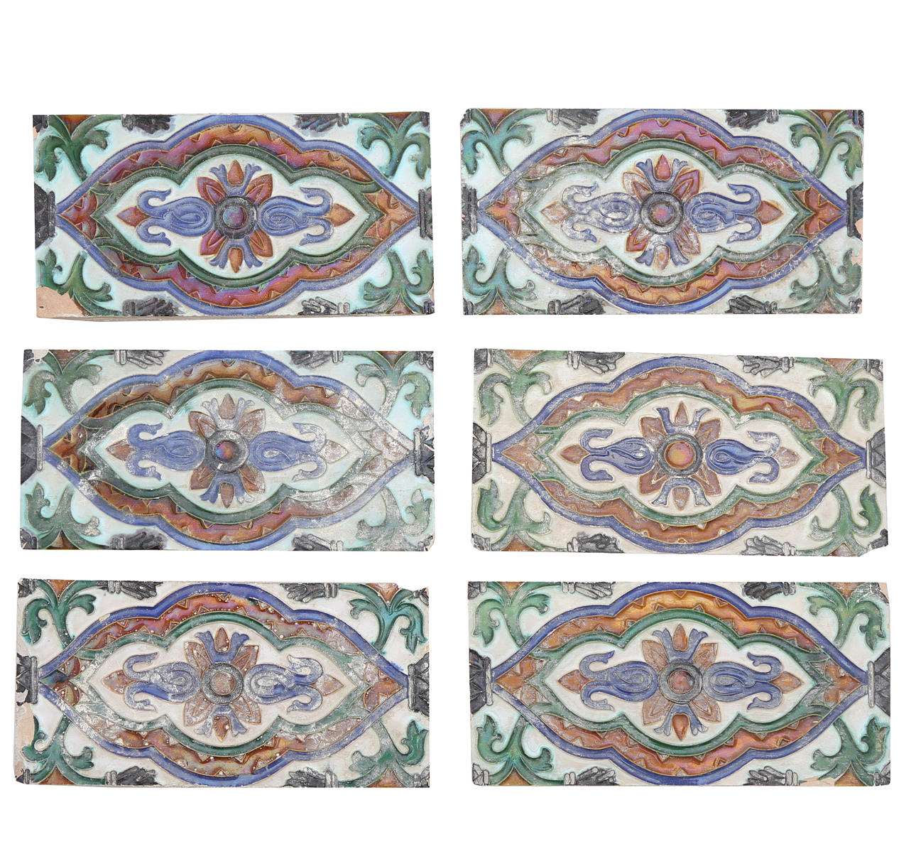 Six Sevillian earthenware tiles, 19th Century.