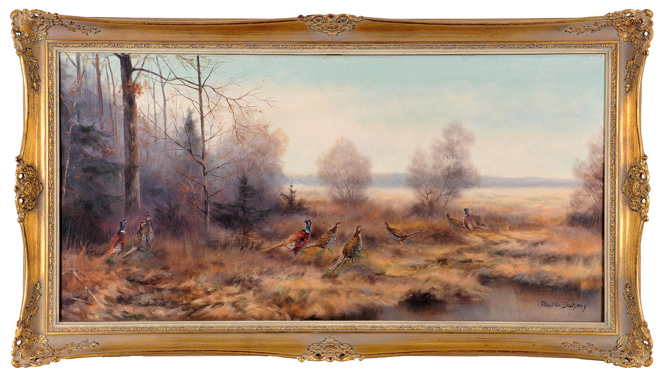 PAUL W. DAHMS. Fasaner och patridges på en boggy slätt.