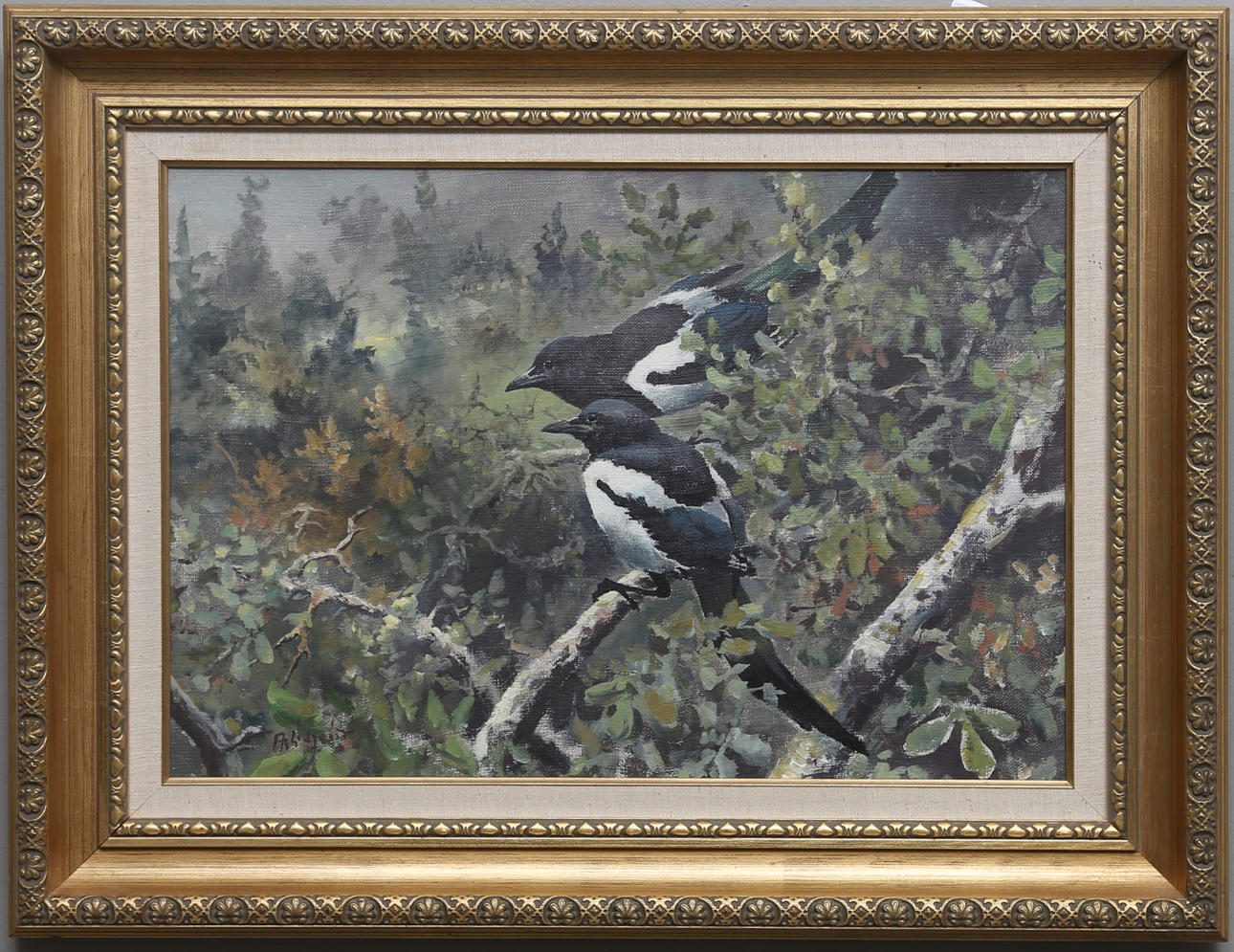 ARNE LIDQVIST. Skator på grönskande trädgren. Olja på duk. Signerad.