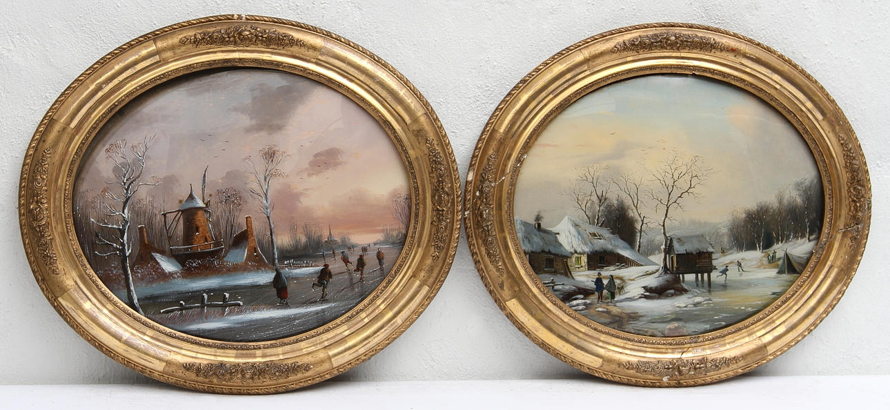 OKÄND KONSTNÄR. Oljemålningar. 2 st ovala , vinterbilder.