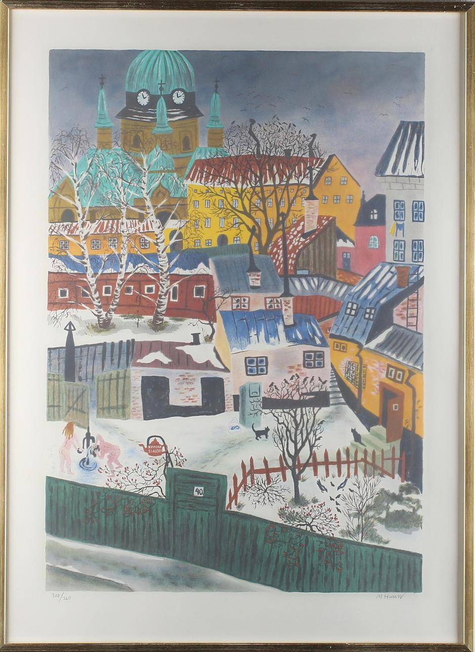 MONA HUSS WALLIN. "Glasbruksgatan 40", färglitografi, signerad samt numrerad 308/360.