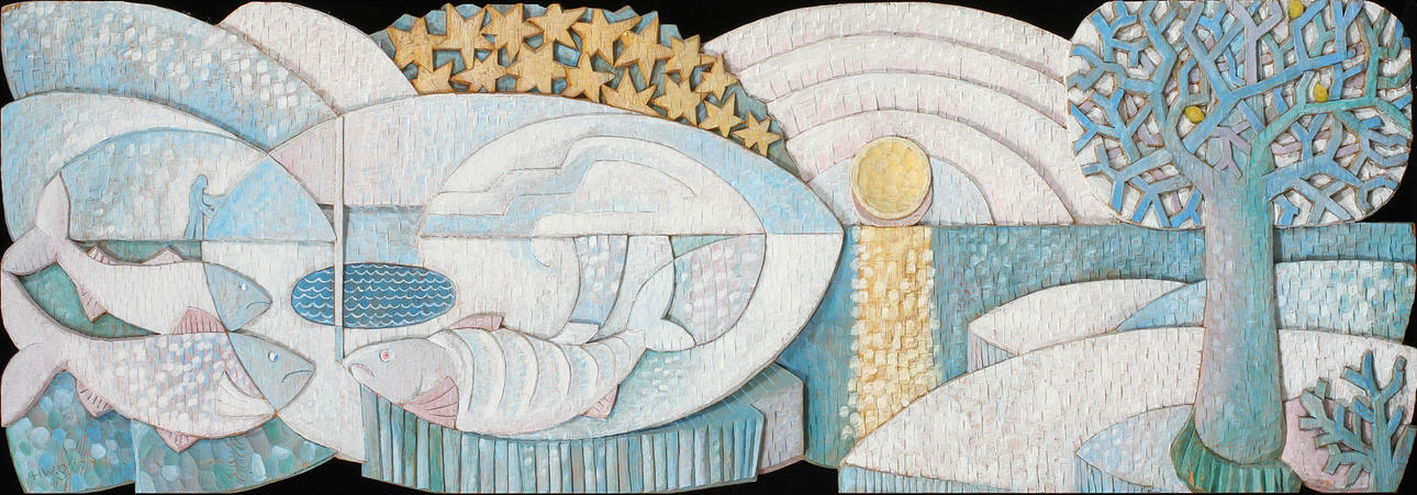 HARRY W SVENSSON. Fiskare i sjölandskap. Väggrelief, skuret och bemålat trä. Signerad a verso och daterad 1984 a tergo.