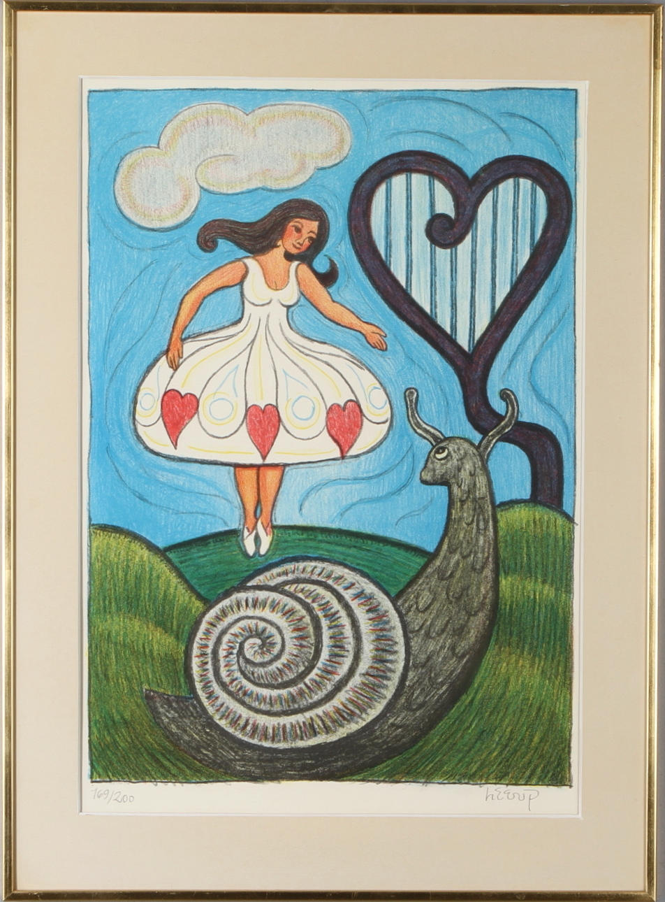 HENRY HEERUP. Figurkomposition med kvinna och snigel, färglitografi, signerad och numrerad 169/200.