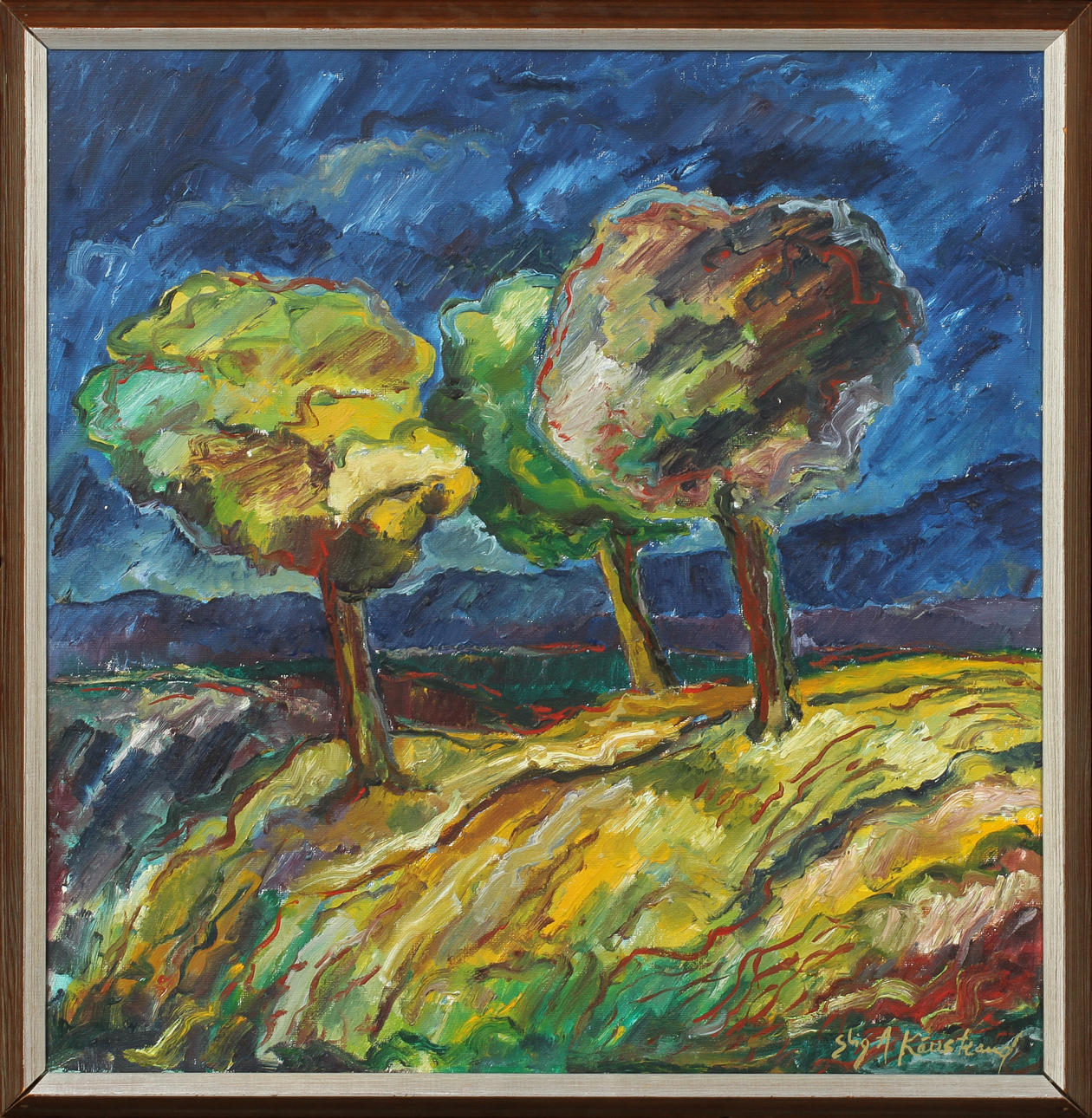 STIG KÄRRSTRAND. "Höstträd i Balltorp". Olja på duk, signerad.