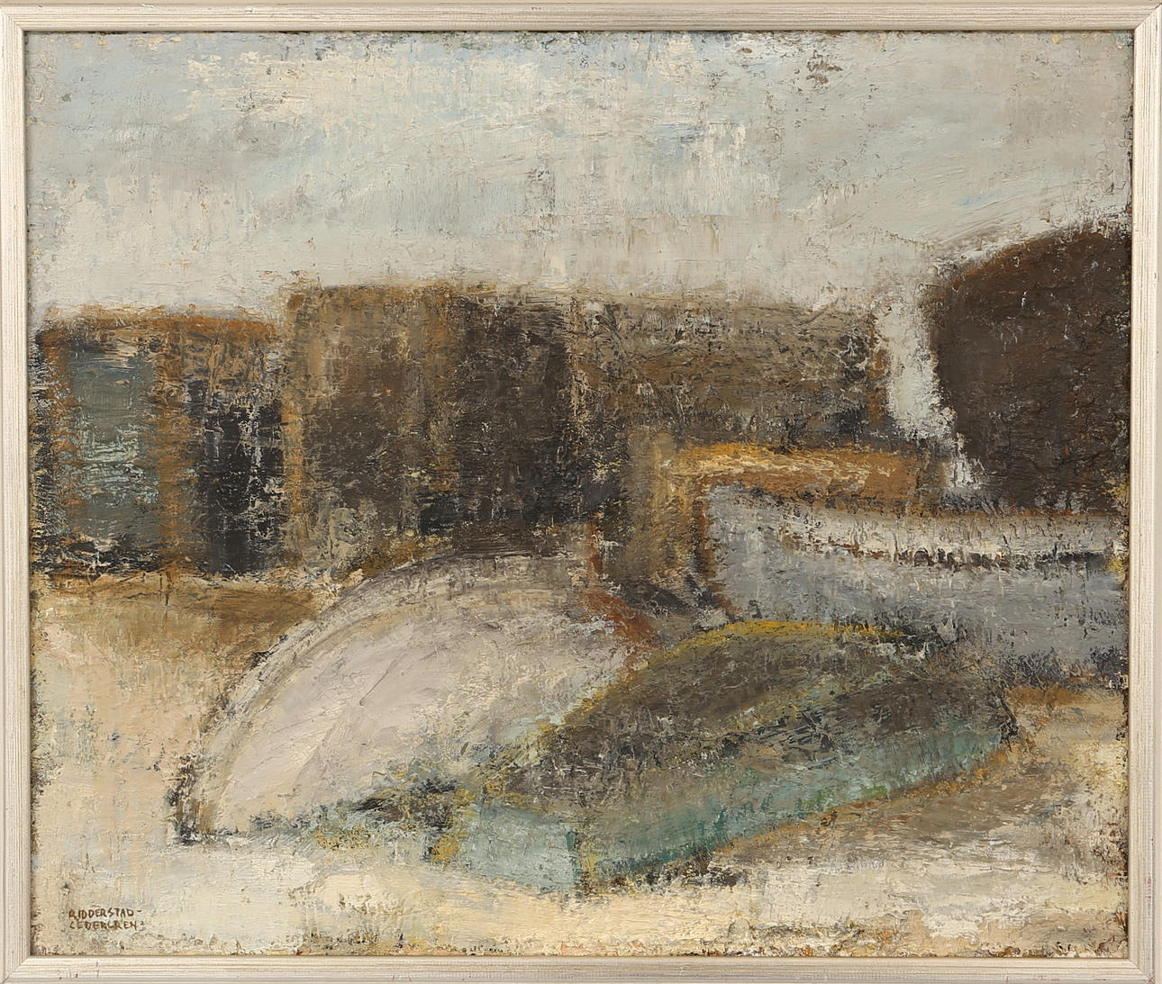 MONA RIDDERSTAD-CEDERGREN. "Båtar Hven" -65, olja på pannå.