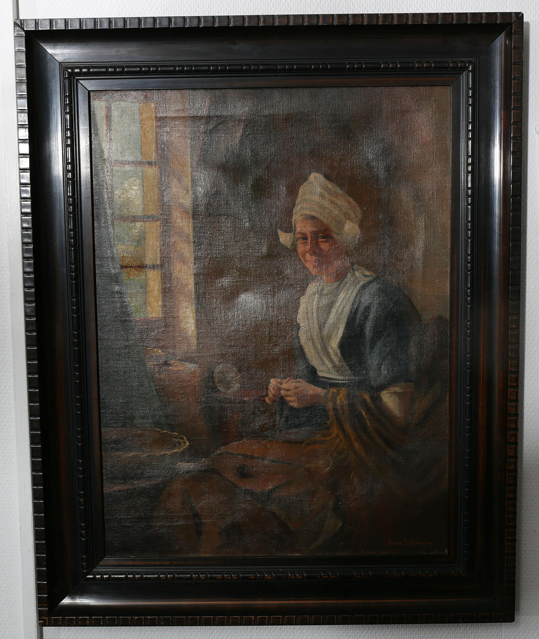 OIDENTIFIERAD KONSTNÄR. Olja på duk, Handarbetande kvinna, signerad B von Schwerin.