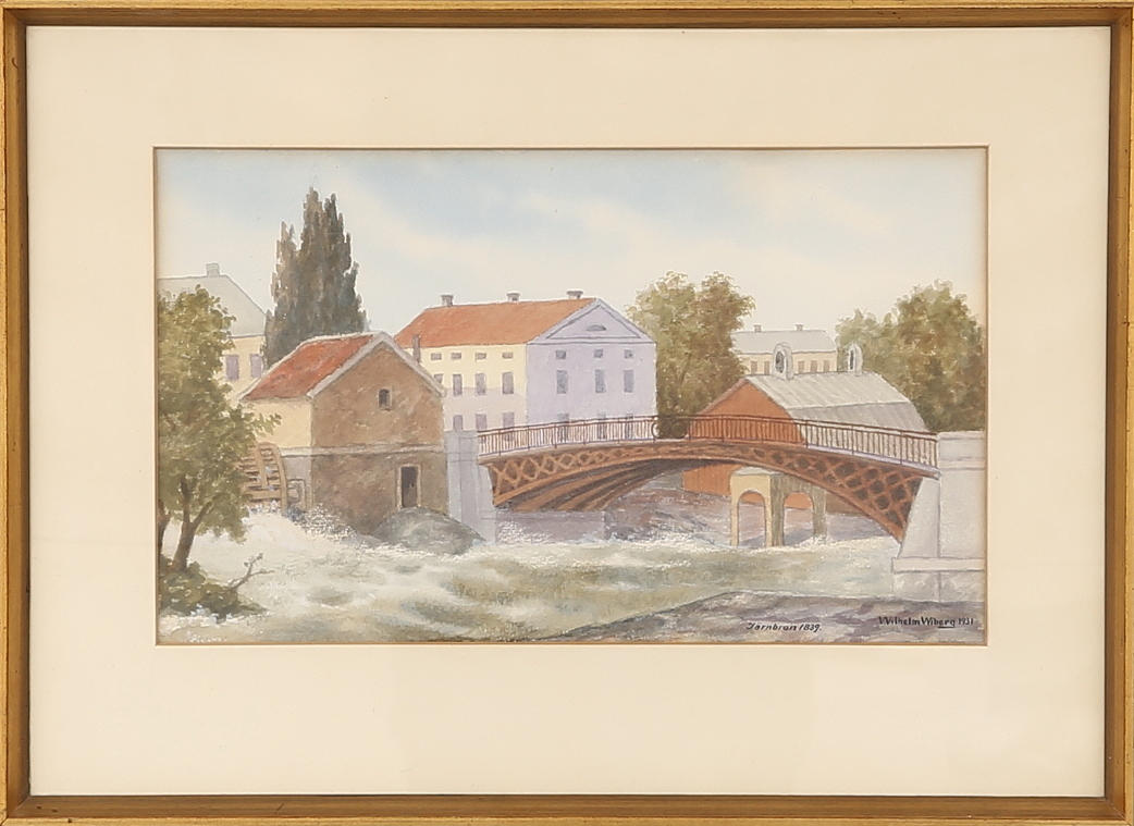 WILHELM WIBERG. Akvarel, Järnbron Norrköping 1839.