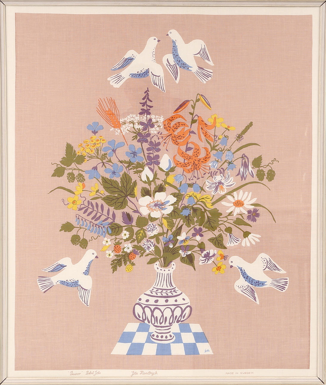TAVLA, Handtryck på textil, "Duvor", Lisbet Jobs.