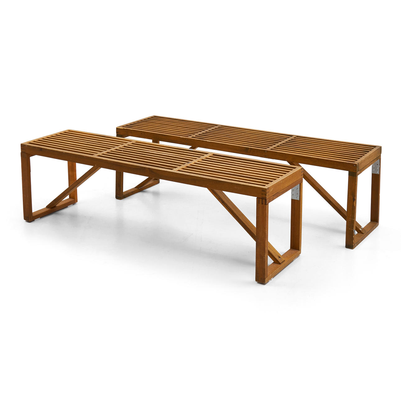 BENCHES, 2 pcs, stained wood.