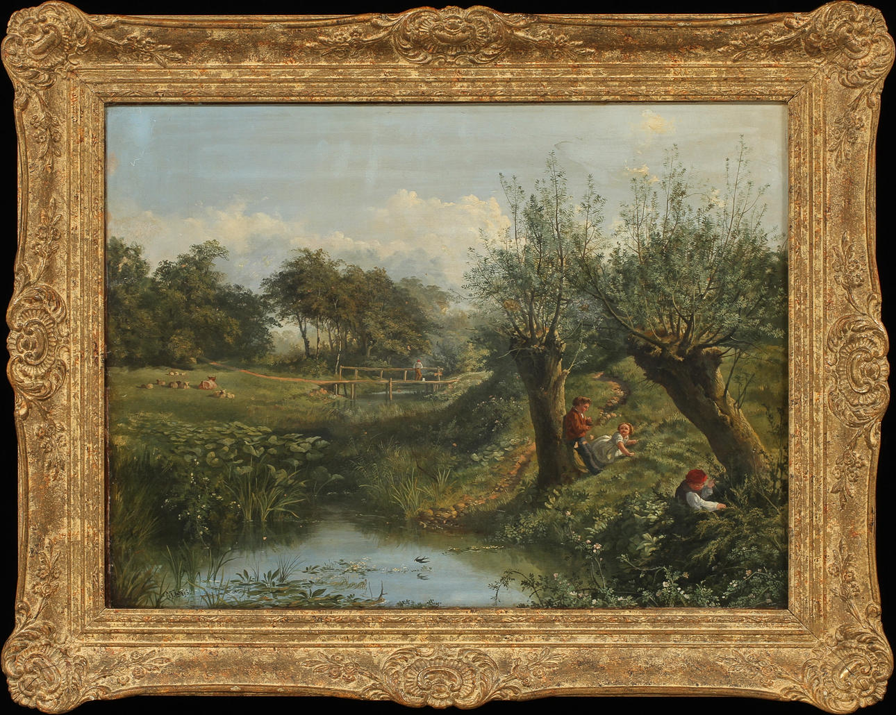 OIDENTIFIERAD KONSTNÄR. Lekande barn vid å. Olja på duk 1800-tal, bär signatur CJ Lewis.