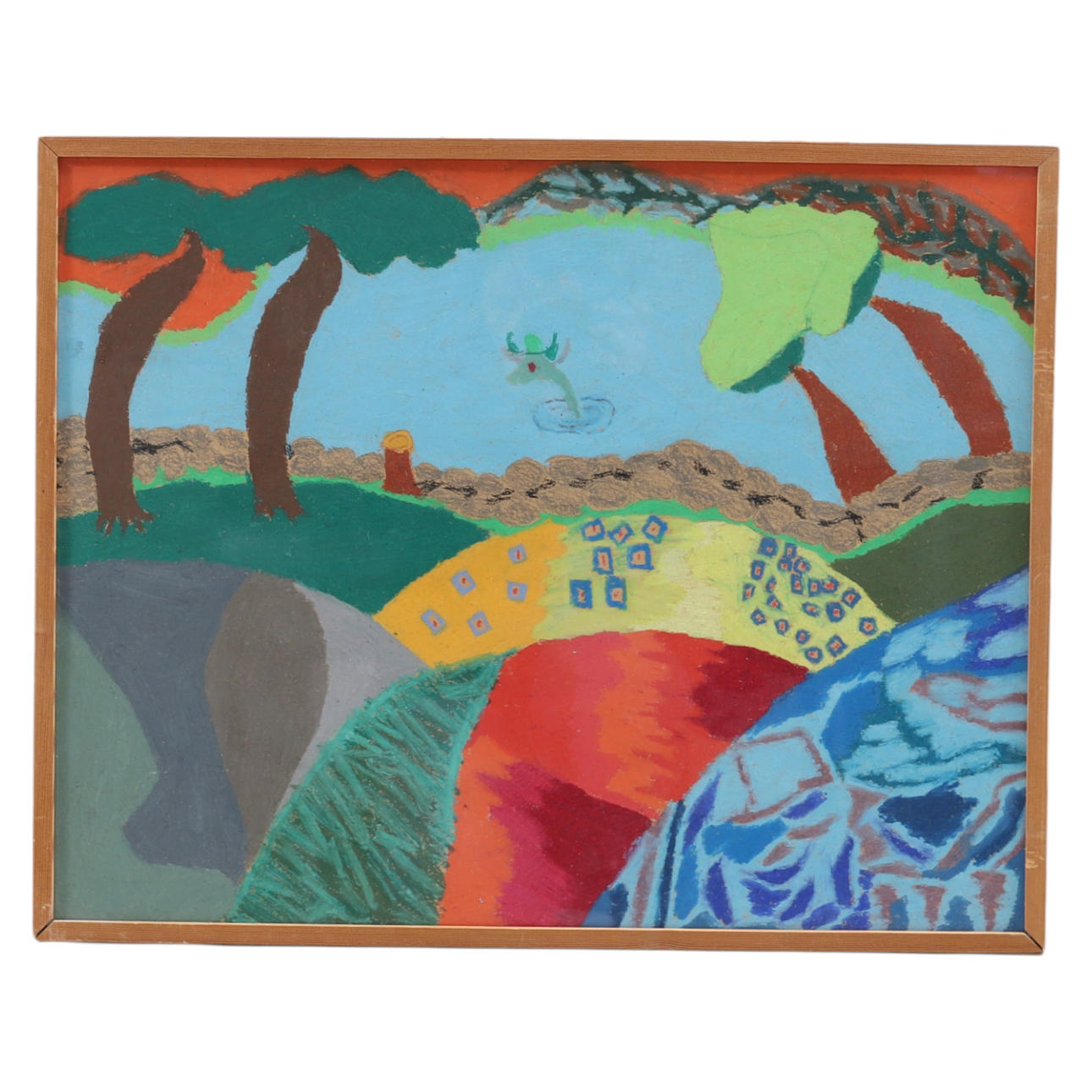 OIDENTIFIERAD KONSTNÄR. Abstract landscape with animals, pastel/mixed technique, 20th century.