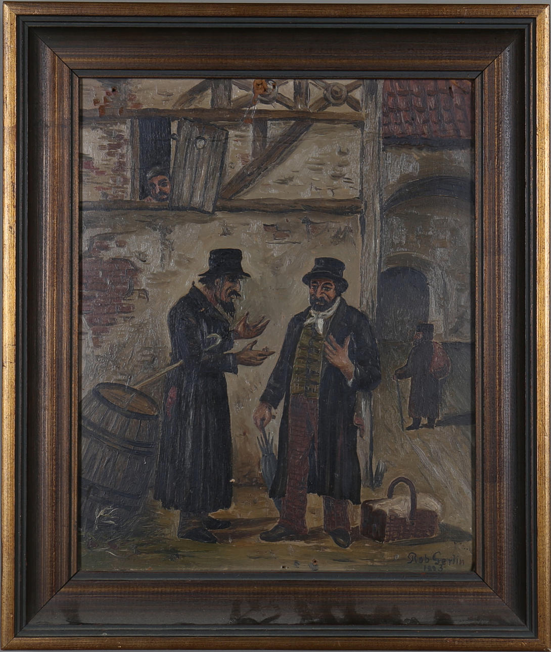 OIDENTIFIERAD KONSTNÄR. Samtalande män, olja på pannå, signerade Rob Berlin samt daterad 1893.