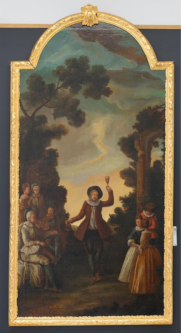 DEUTSCH 18. JH. Allegorisk skildring av hösten: Elegant fest i samband med druvskörden. 136 x 70,5 cm.