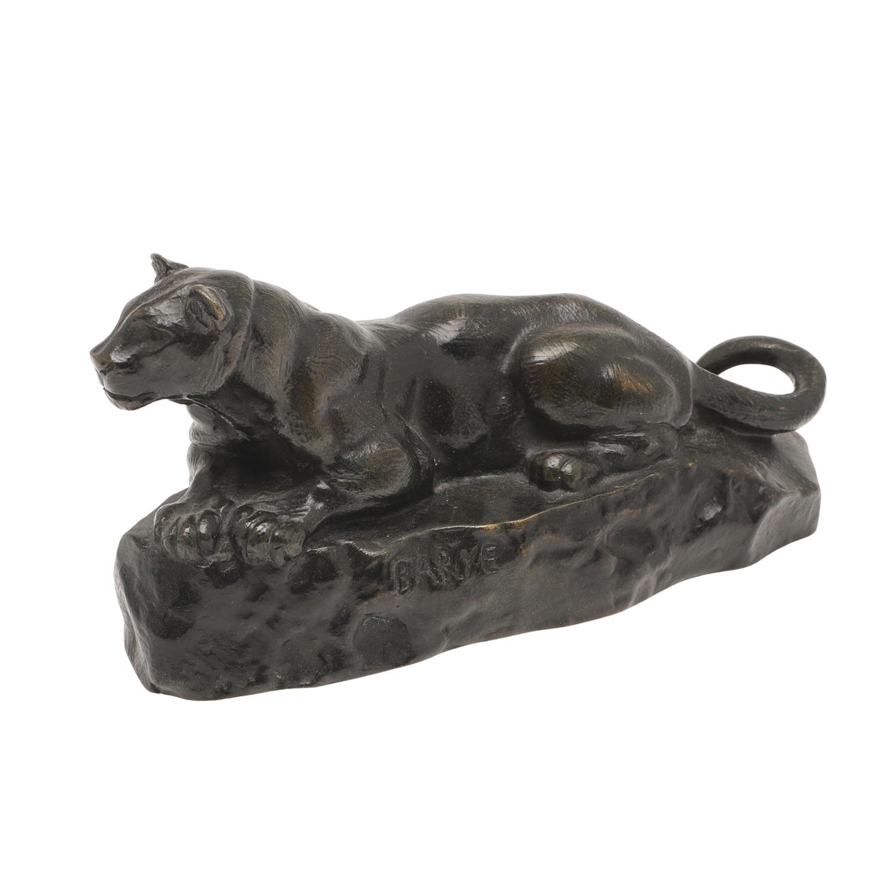 AFTER ANTOINE-LOUIS BARYE (1795-1875), BRONZE STUDY OF A RESTING LIONESS.