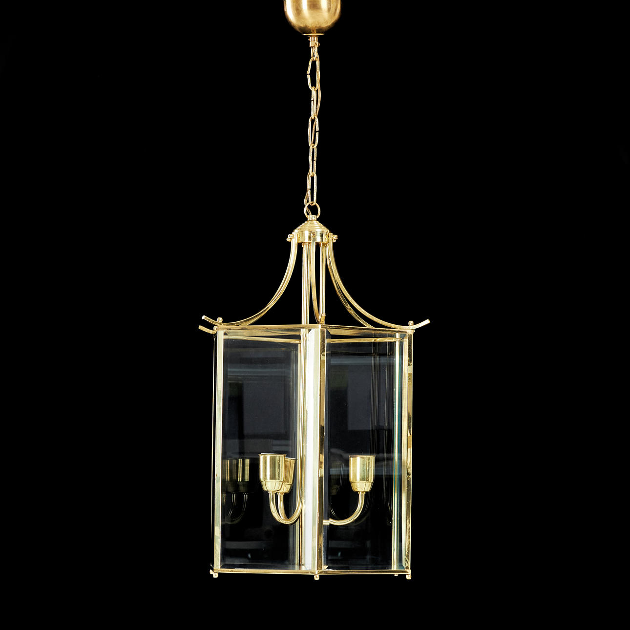 A ceiling lamp, so called Bellman's lantern, model Type 500, hexagon shape, glass, brass, second half of the 20th century, made of Classic Lanterns, three light points.