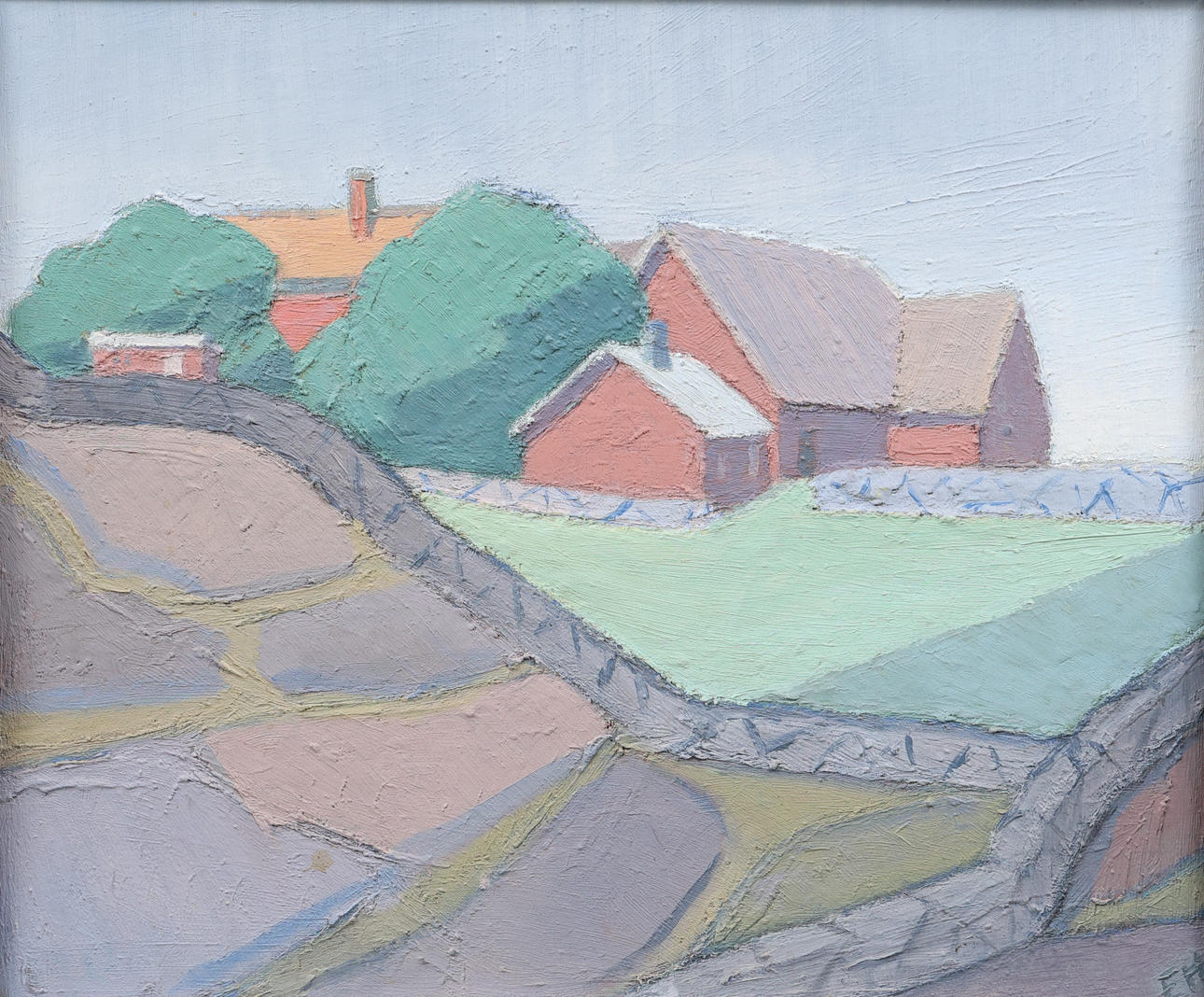 ERIK HOLMBERG. Landscape with farm, oil on panel, monogram signed.