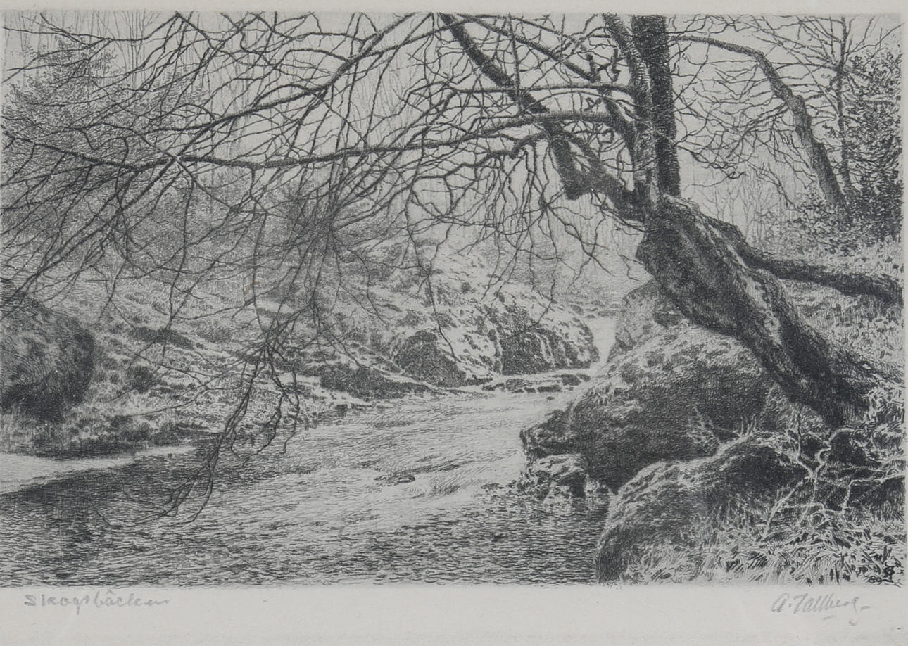 AXEL TALLBERG. "Skogsbäcken", etsning, signerad.