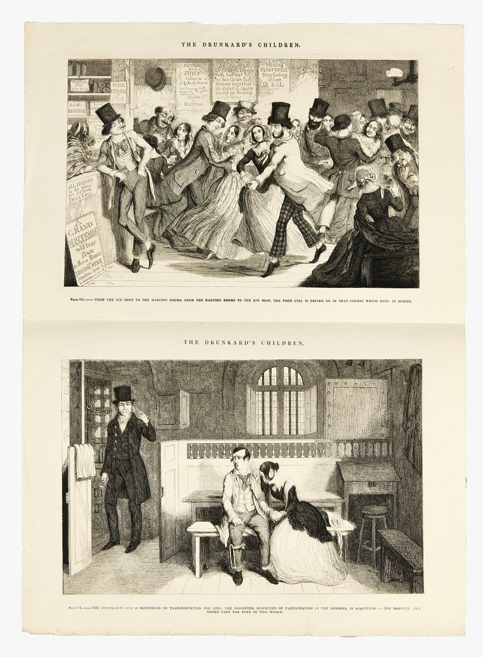 GEORGE CRUIKSHANK (1792-1878). «Los hijos del borracho. A Sequel to The Bottle» La suite completa de 8 grabados, publicada por David Bogue, Londres; John Wiley & G. P. Nueva York; J. Sands, Sídney, Nueva Gales del Sur, 1848.