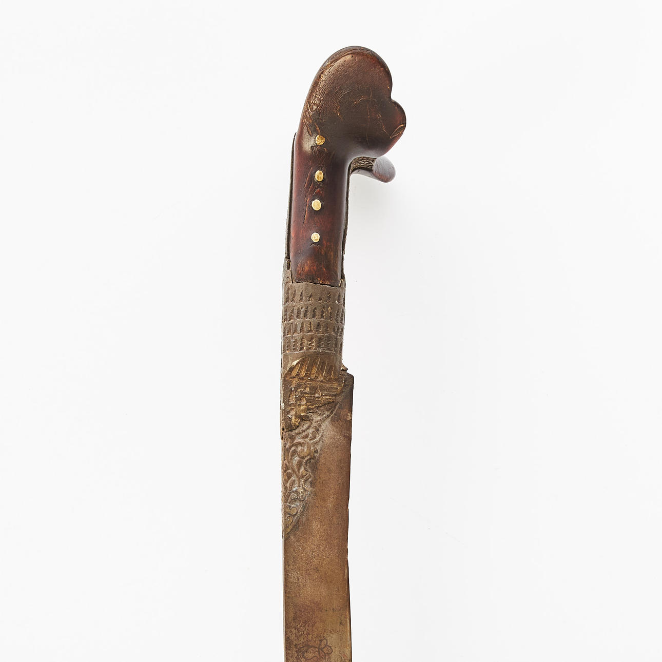 A YATAGHAN, Ottoman, 18th/20th century, with horn attachment, blade with writing, leather-covered wooden tub with metal fittings.
