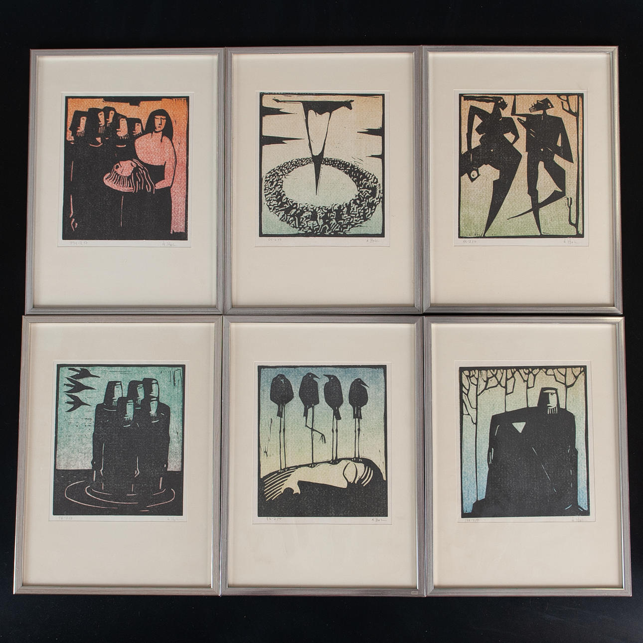 ÅKE HOLM. Linoleum cut, 6 signed Å Holm. Art - Engravings & Prints
