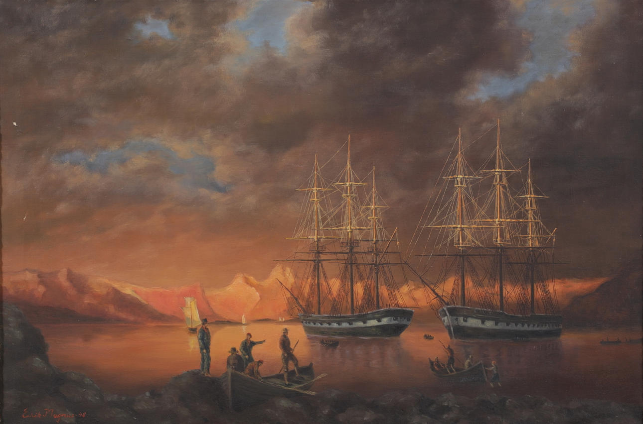 ERIK MAGNUS. Ship with crew, oil on canvas, signed, dated -48.