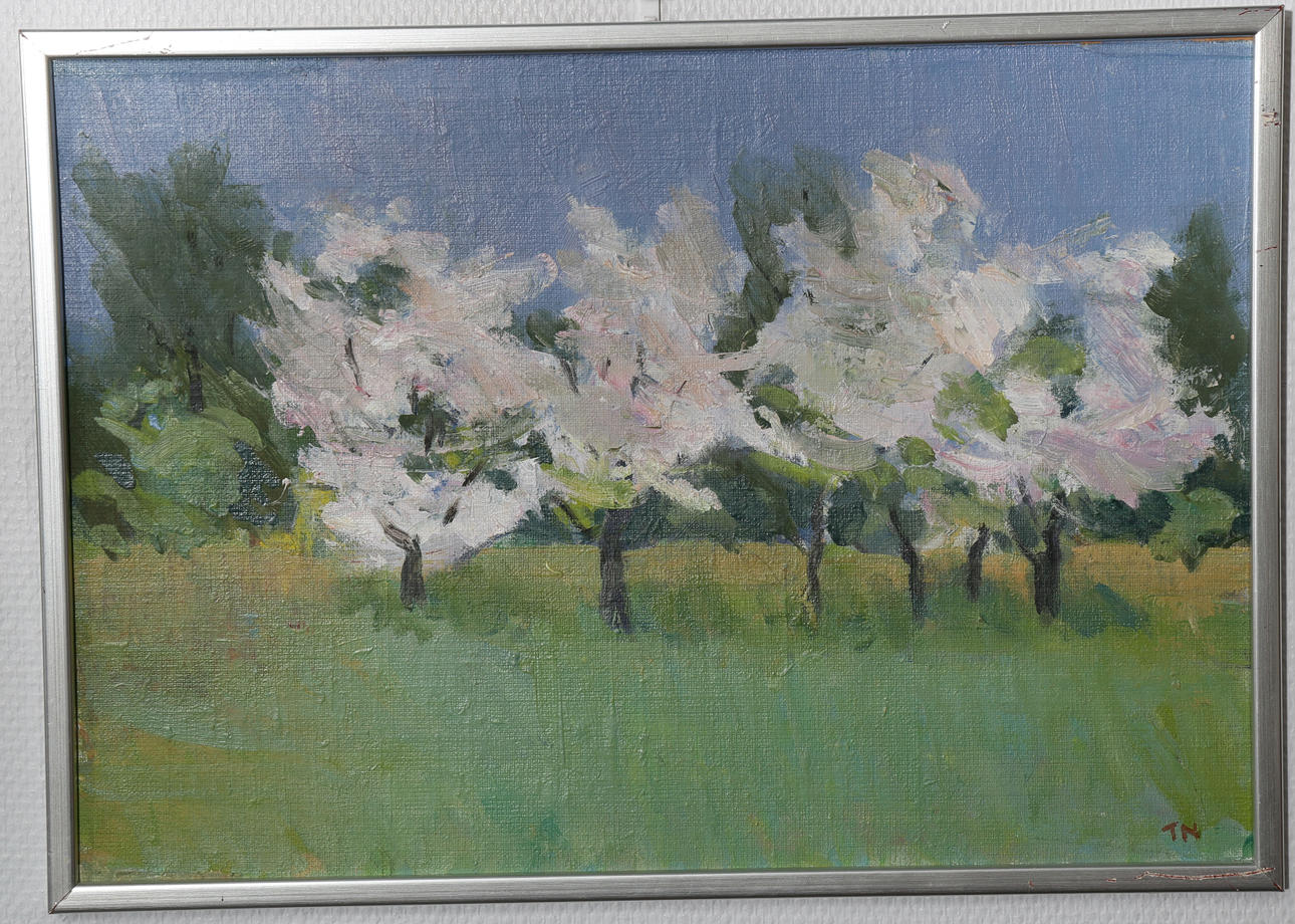 TAGE NILSSON. Olja på pannå, "Blommande fruktträd - Öland", signerad TN.