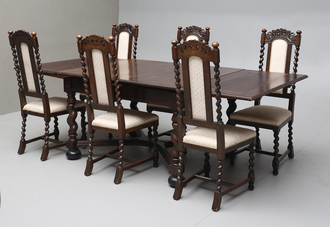 MATSALSMÖBEL, 7 delar, ek, barockstil, 1920-tal.