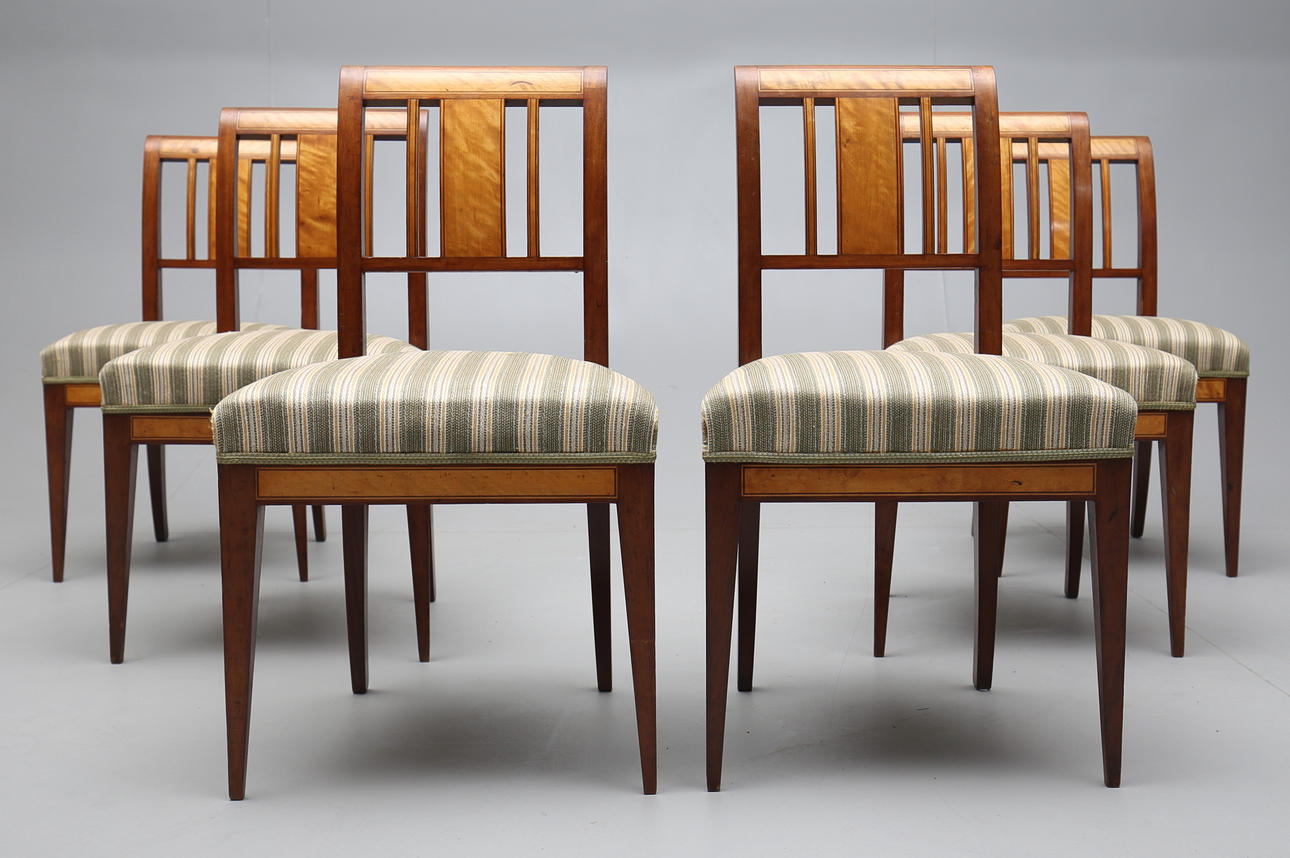 STOLAR, 6 st, mahogny/björk, empire, 1800-talets första hälft.