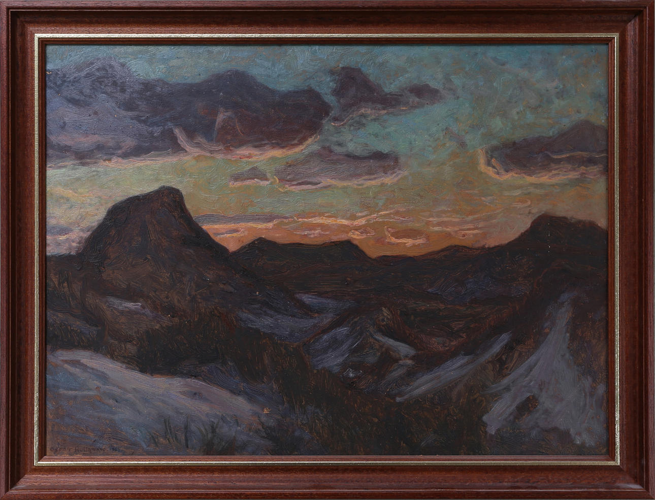 OSCAR HULLGREN. Aftonstämning på Kalfjället Lofoten, olja på kartong, signerad och daterad 1905.