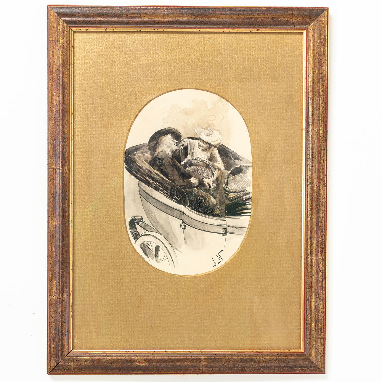 JENNY NYSTRÖM. Drawing, couple in carriage, monogram signed.